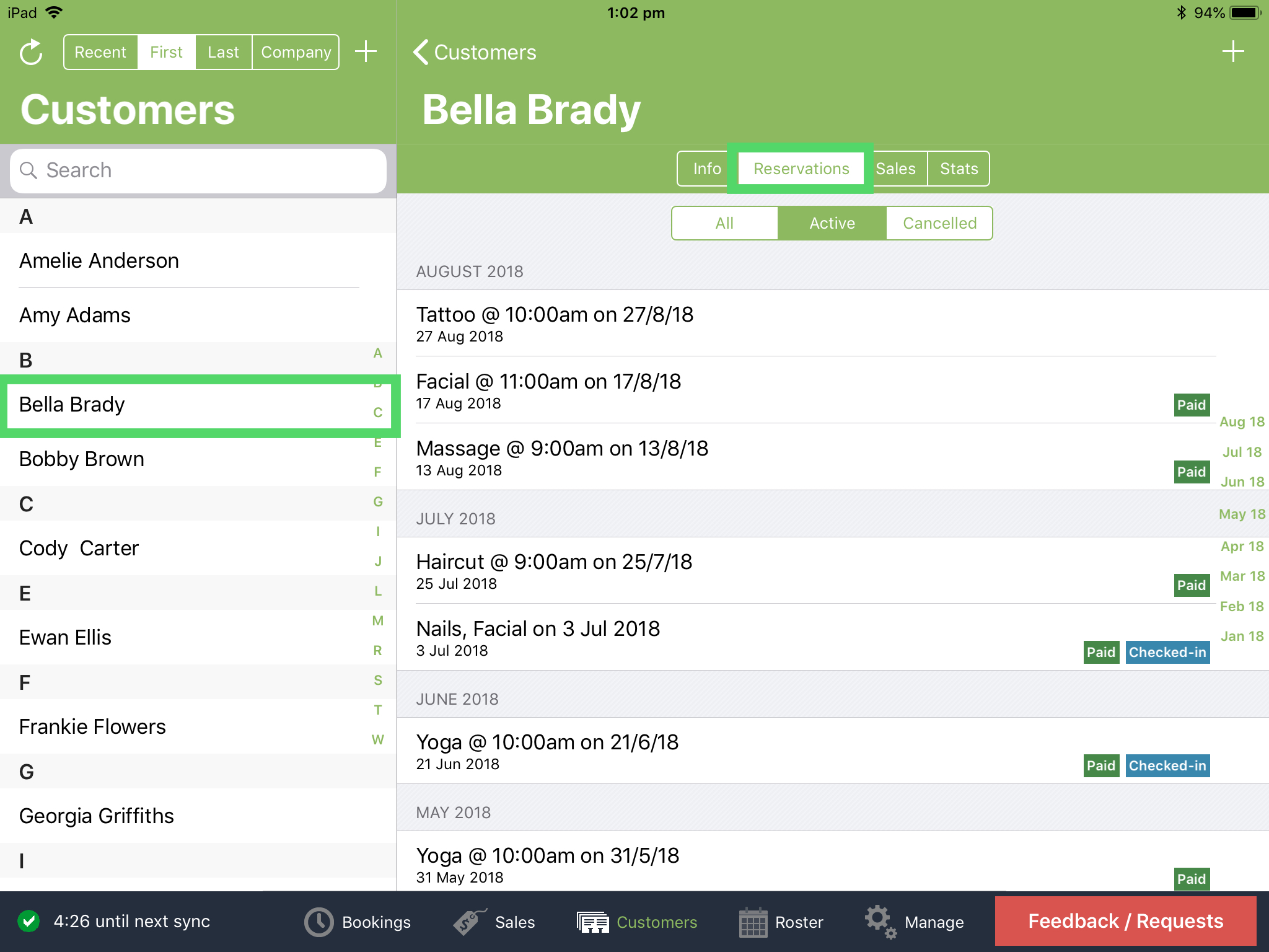 How do I view a Customers' past and Reservations? Ovatu Help