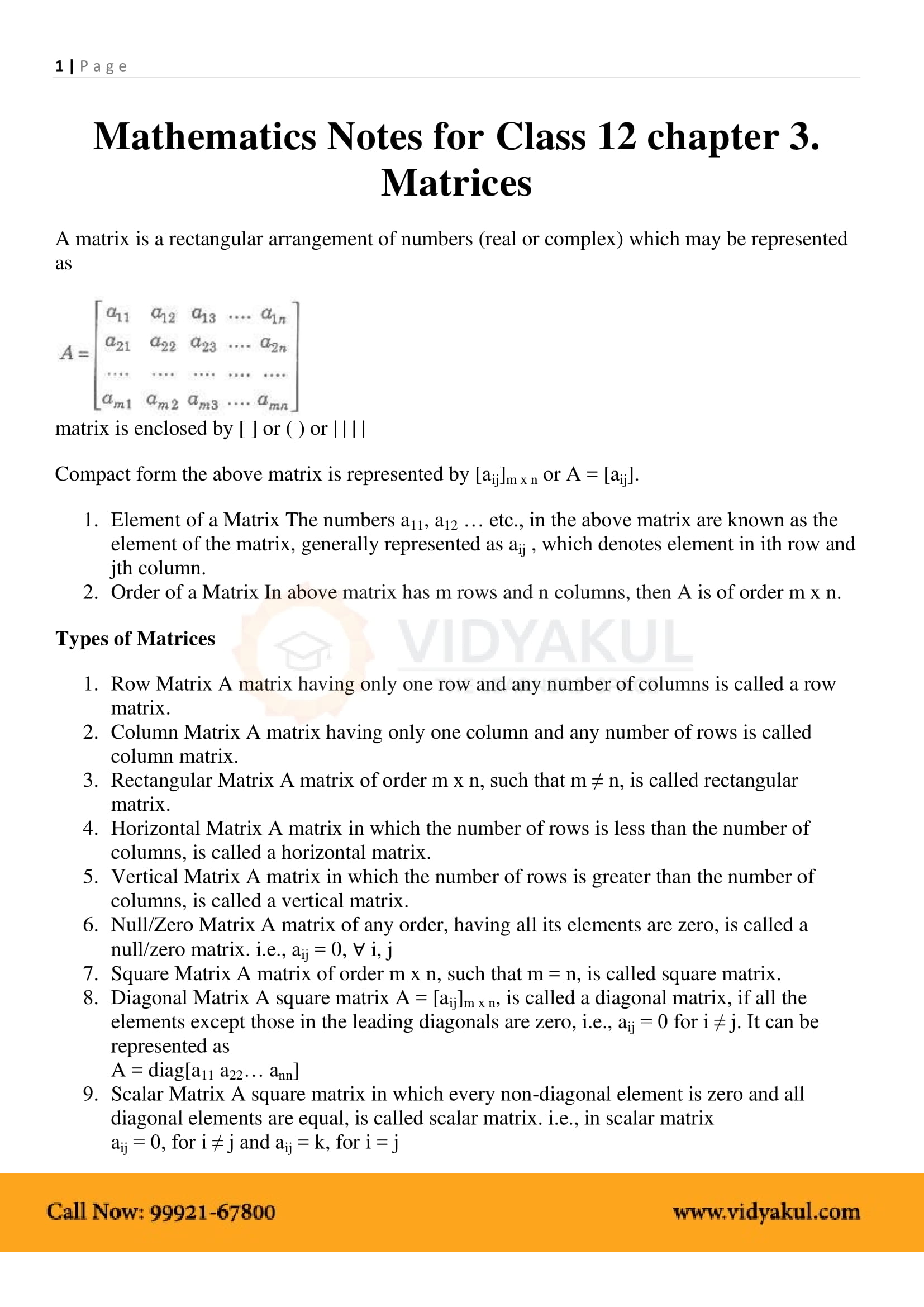 Matrices Class 12 Formulas and Notes Vidyakul