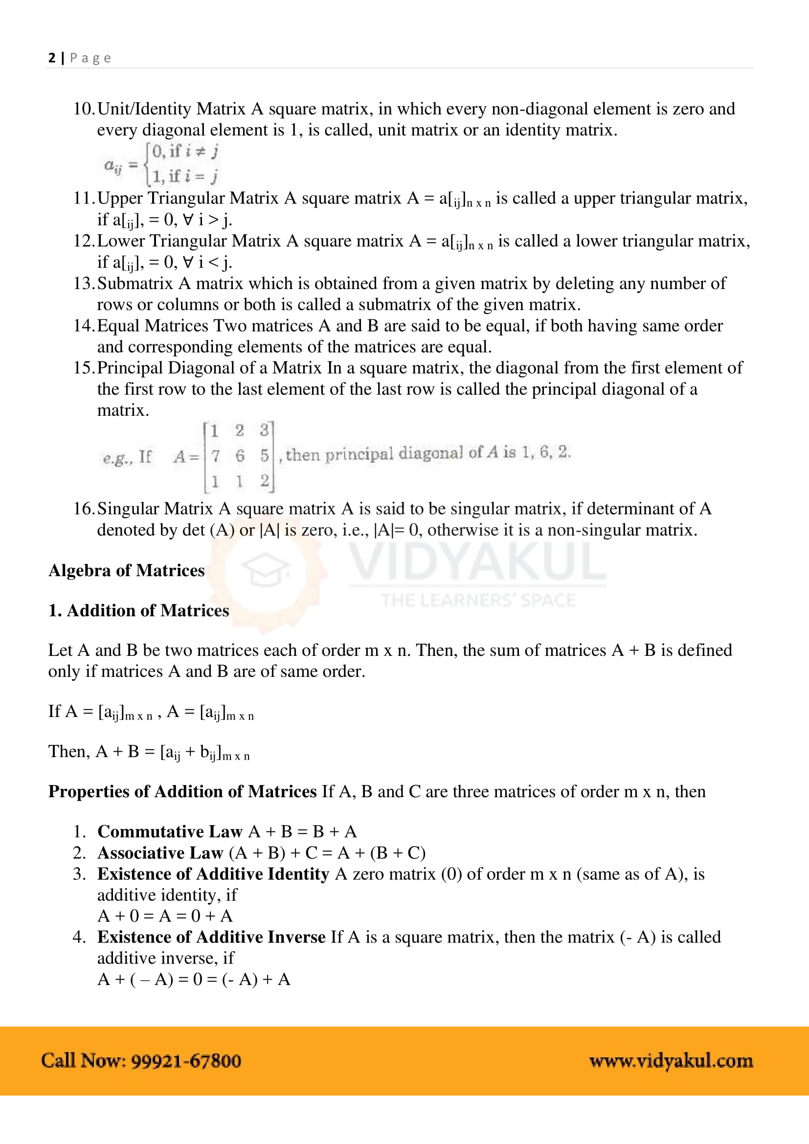 Class 12th Math Matrices Formulas CBSE 2023