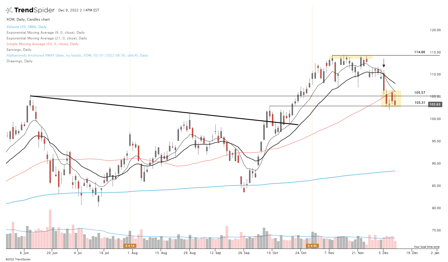XOM,Daily Candlestick chart published by Javier on TrendSpider