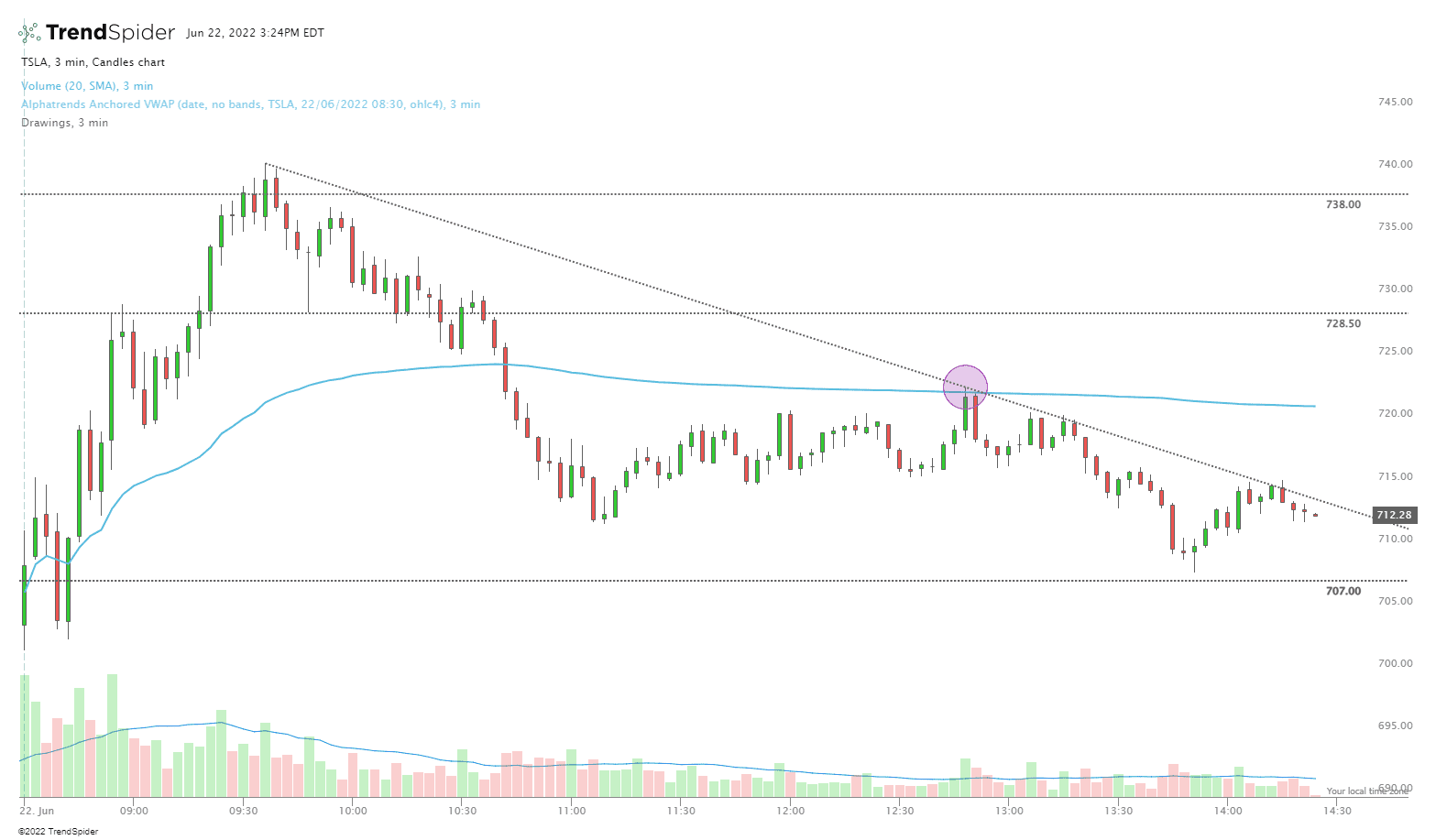 TSLA,3 min Candlestick chart published by Javier on TrendSpider