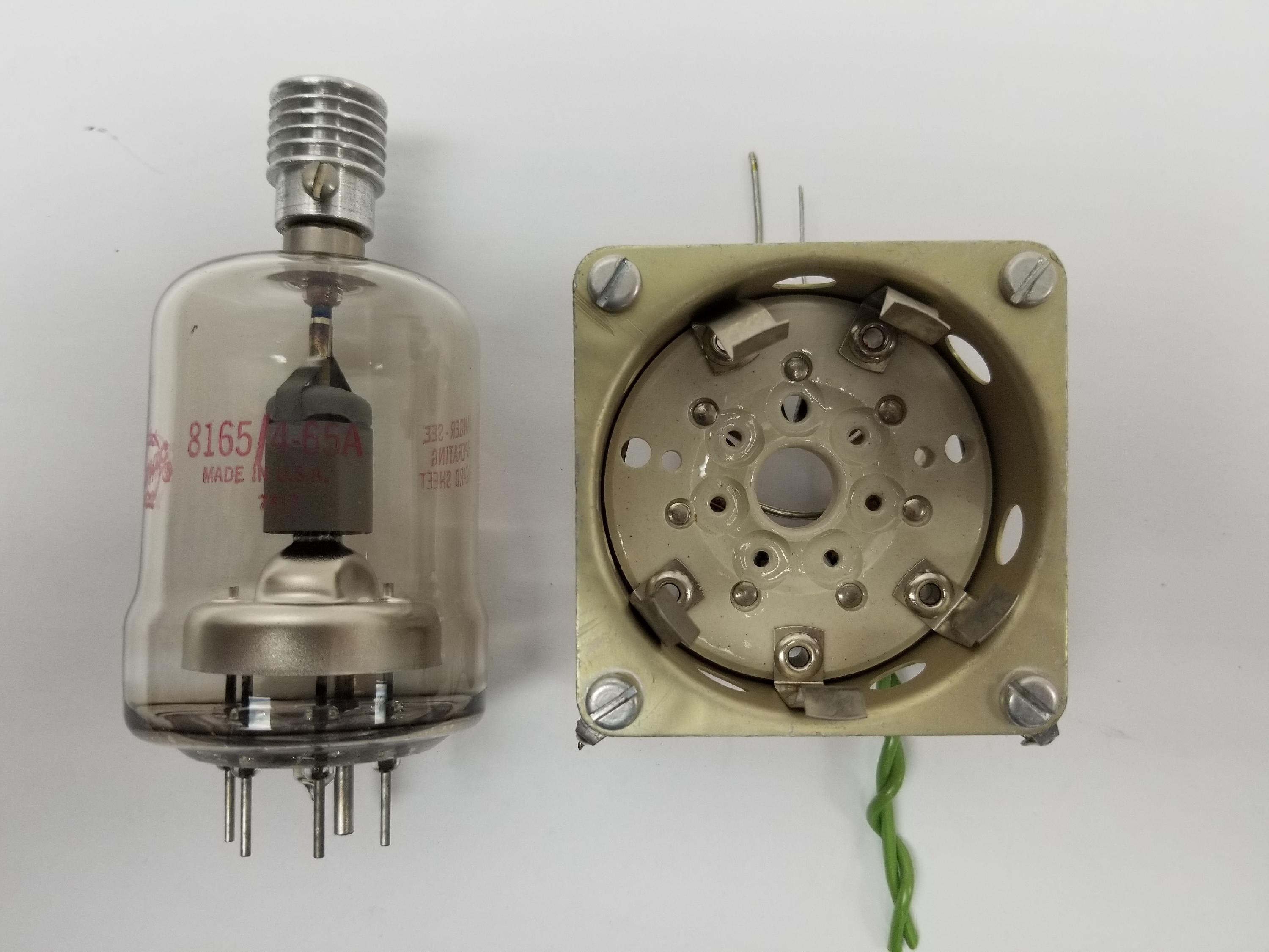 Eimac 8165/465A RF power vacuum tube with socket and plate cap