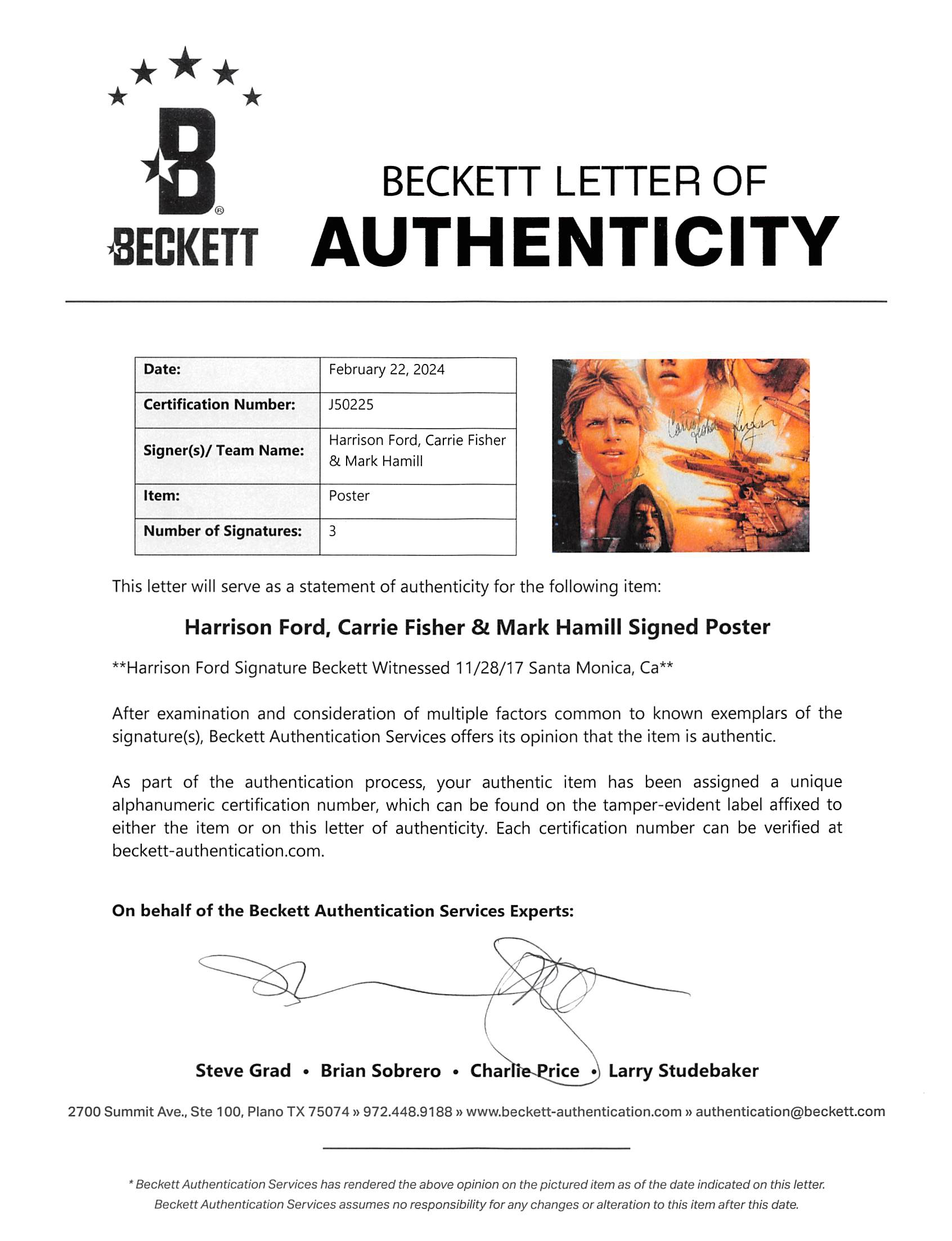 Charitybuzz Ford, Fisher, & Hamill Signed Poster