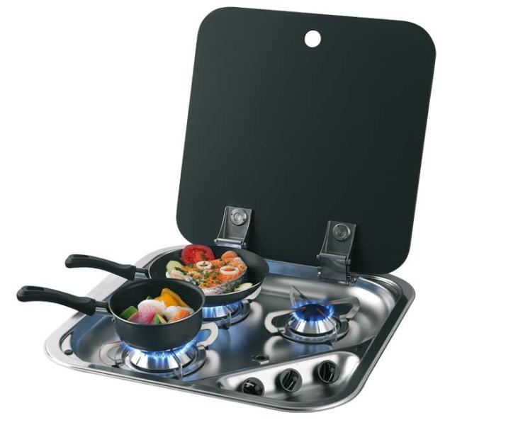 Plaque de cuisson 3 flammes en acier inoxydable avec couvercle en verre