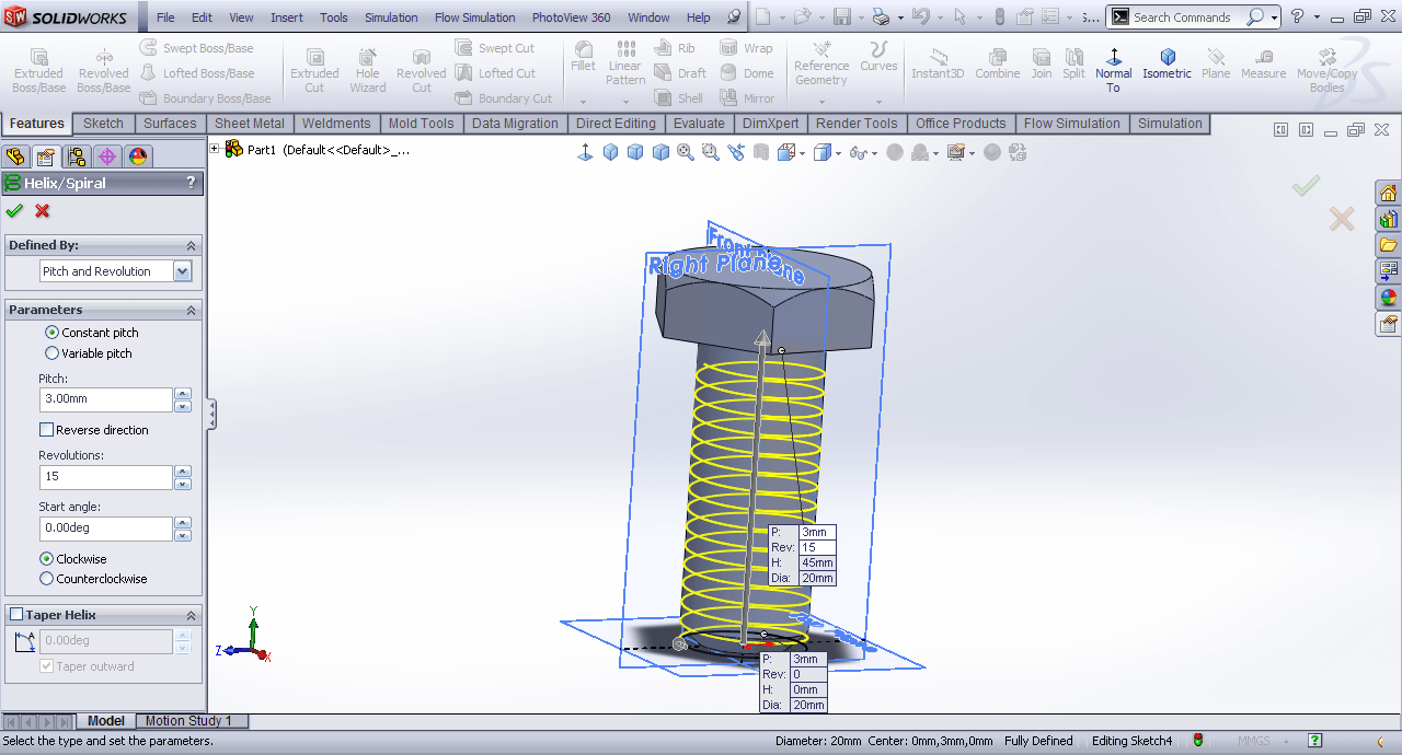 Tutorial Modeling Unified screw threads on bolt in SolidWorks