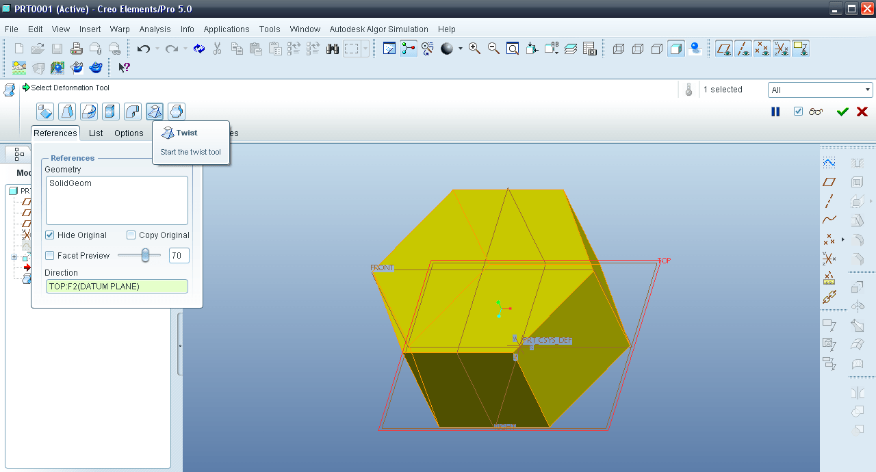 Tutorial Twist feature in Creo Elements aka Pro Engineer