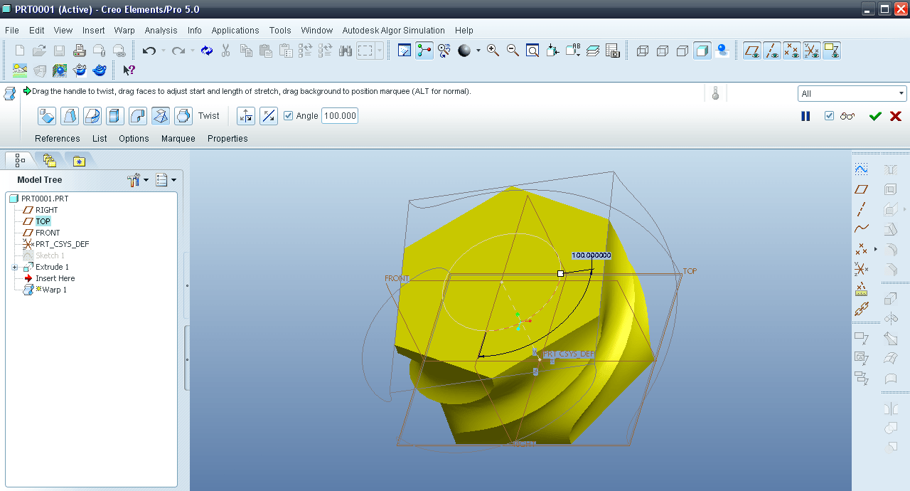 Tutorial Twist feature in Creo Elements aka Pro Engineer