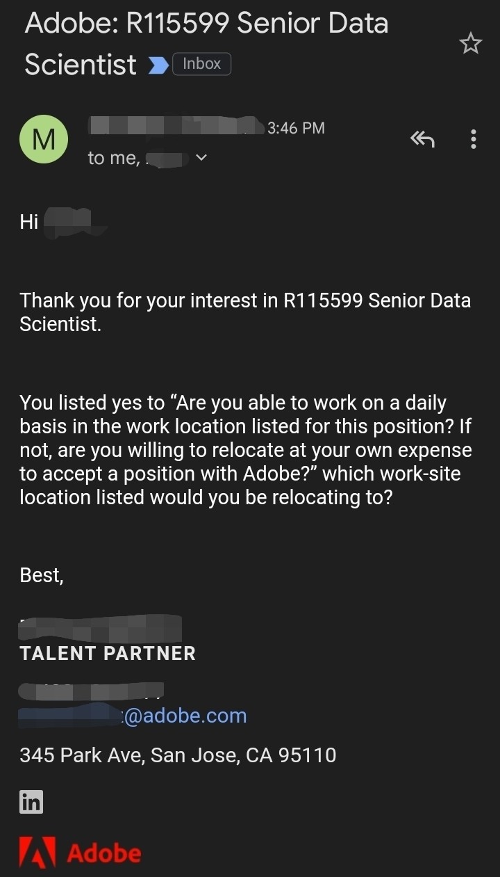 Adobe rejected because I expect relocation assistance to relocate to a