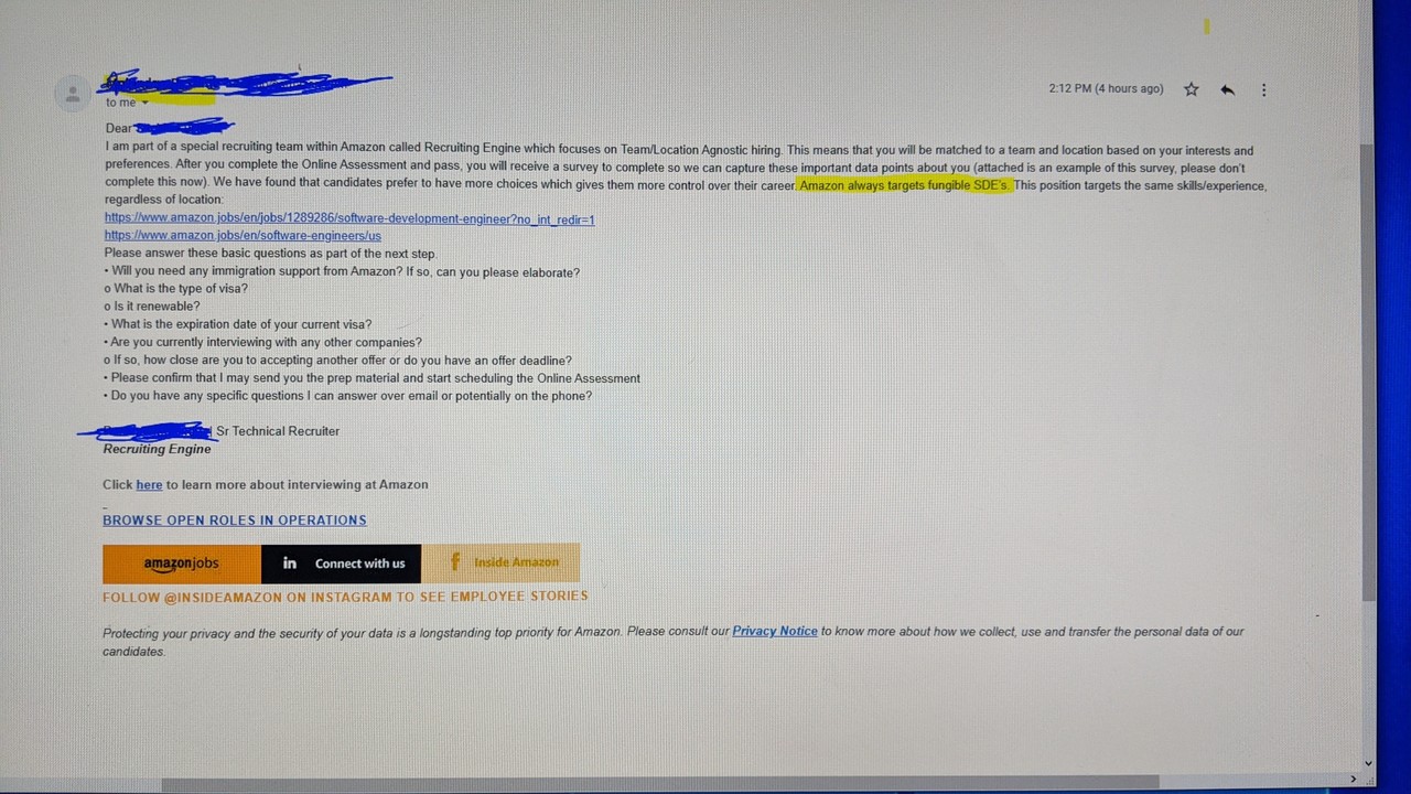 Amazon recruiter email. Fungible SDEs? Job Openings Blind