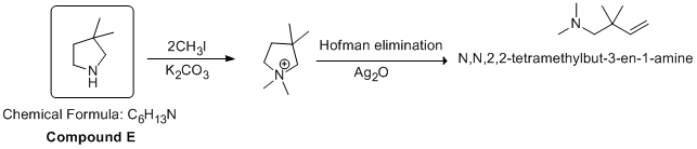 Compound E, C6H13N, is a secondary amine containing a 5membered ring
