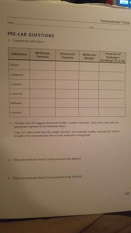 Solved Intermolecular Forces Name Date PRELAB QUESTIONS 1.