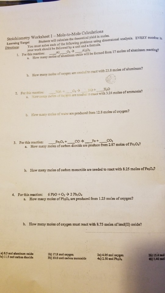 Solved Stoichiometry Worksheet 1 - Mole-to-Mole Calculations | Chegg.com