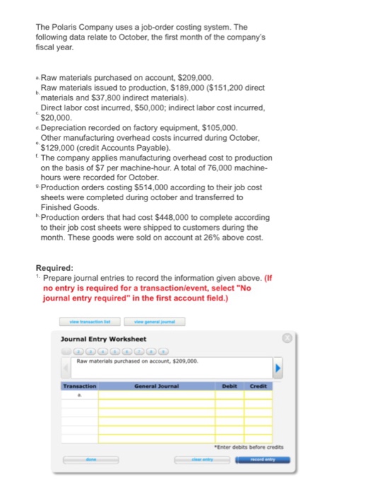 Solved The Polaris Company Uses A Joborder Costing Syste...