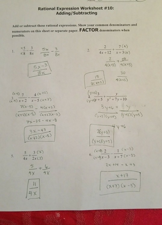 Solved Rational Expression Worksheet 10 Adding/Subtract...