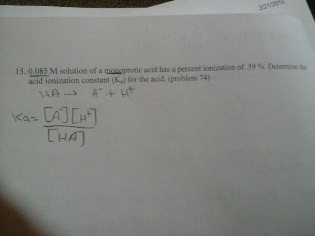 Solved 0.085 M Solution Of A Monoprotic Acid Has Percent