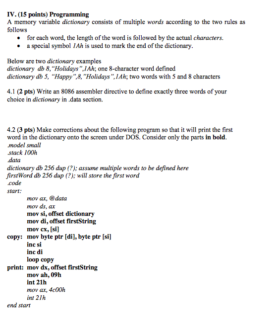 8086 PROGRAMMING!!! HELP!!! A Memory Variable Dict...