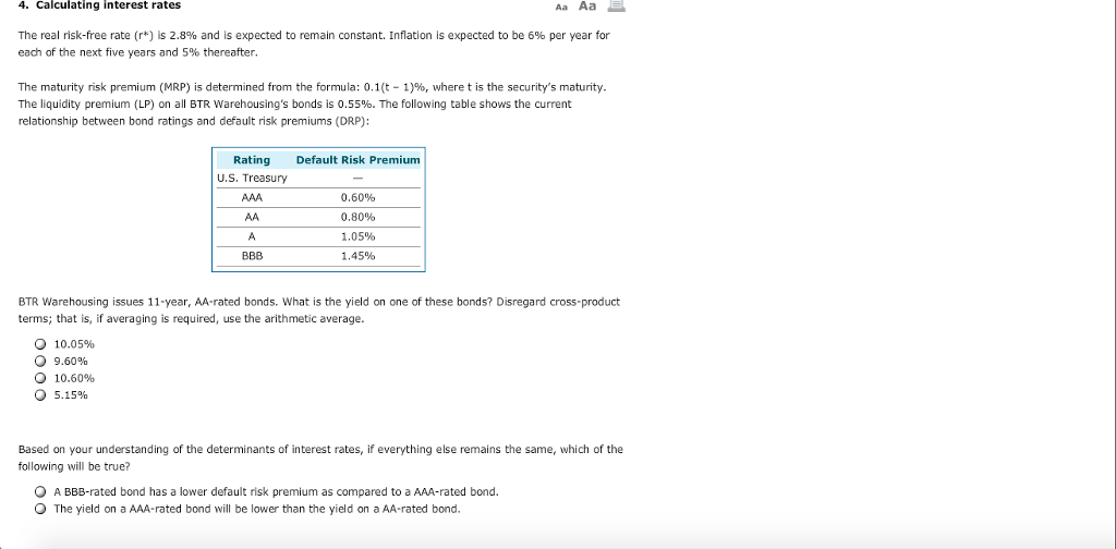 Solved 4. Calculating Interest Rates Aa Aa The Real Risk...