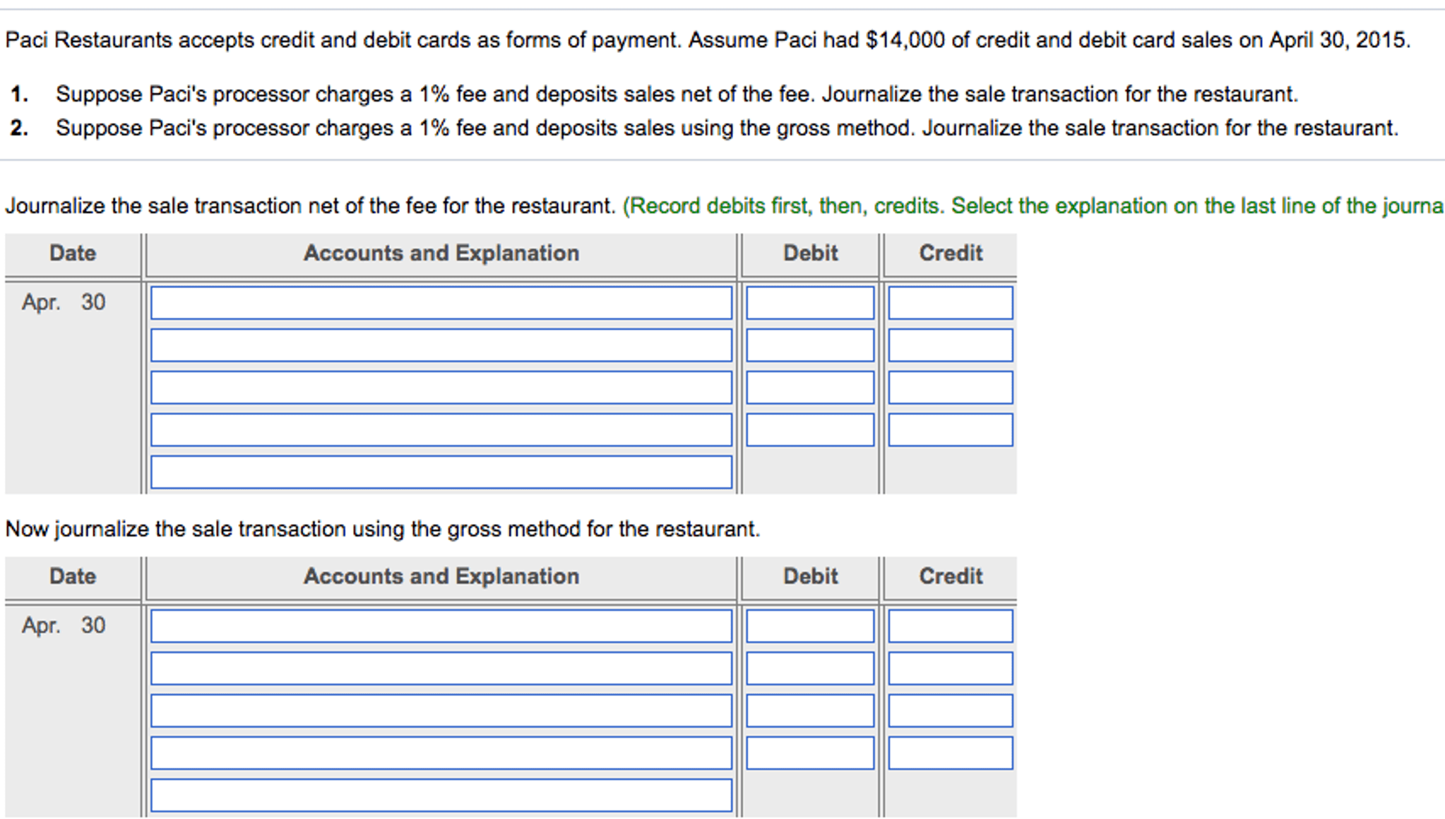 Solved Paci Restaurants accepts credit and debit cards as