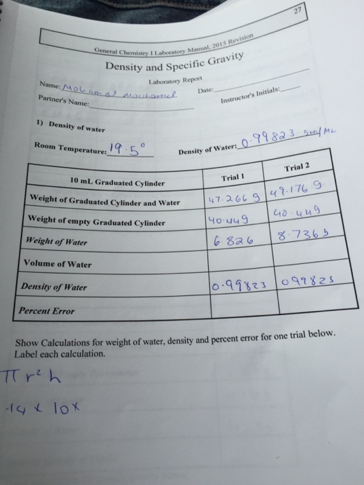 Solved Density of water Room Temperature: Density of | Chegg.com