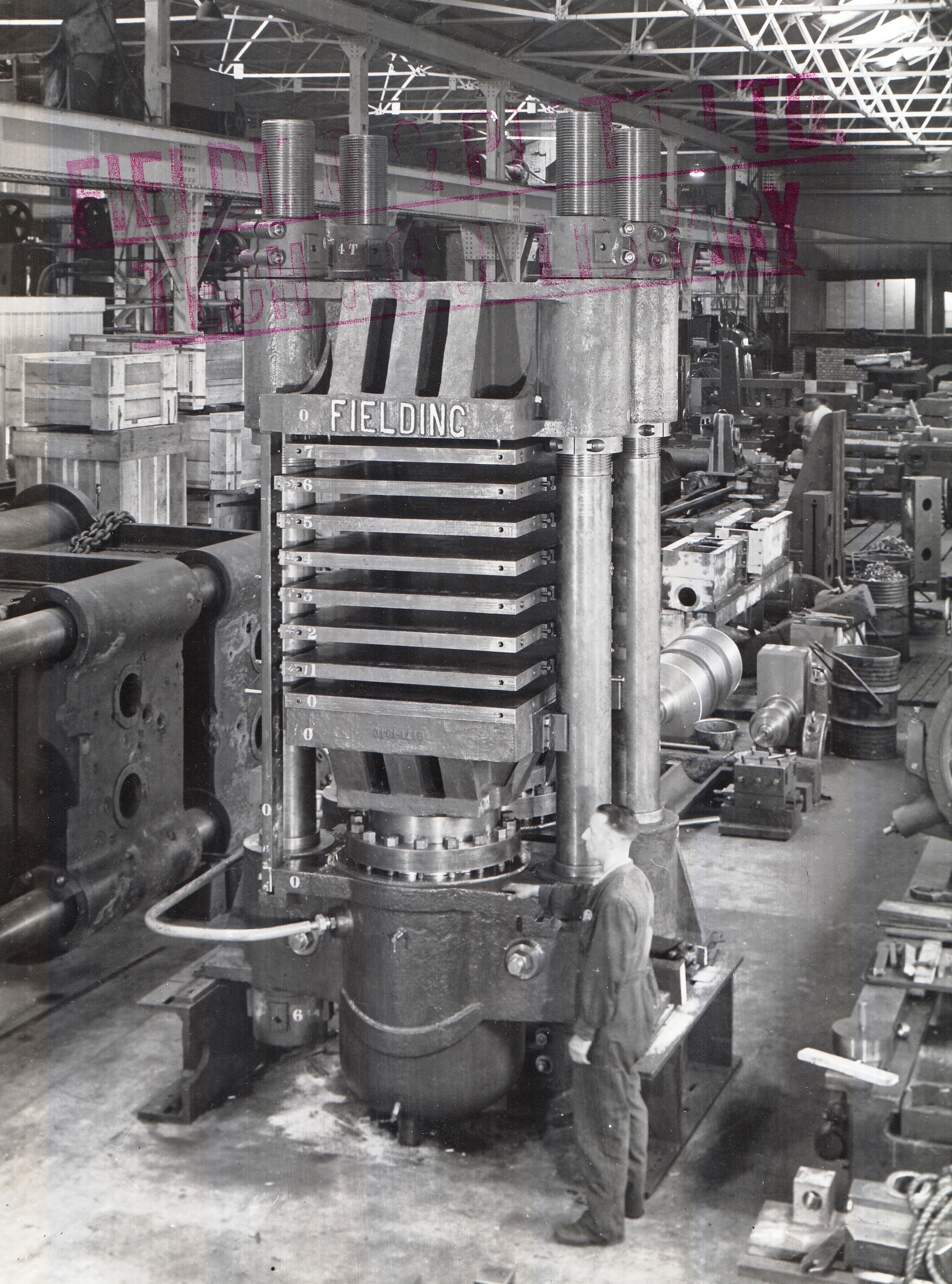 1800 ton MultiDaylight Vertical Hot Platen Press, view taken at