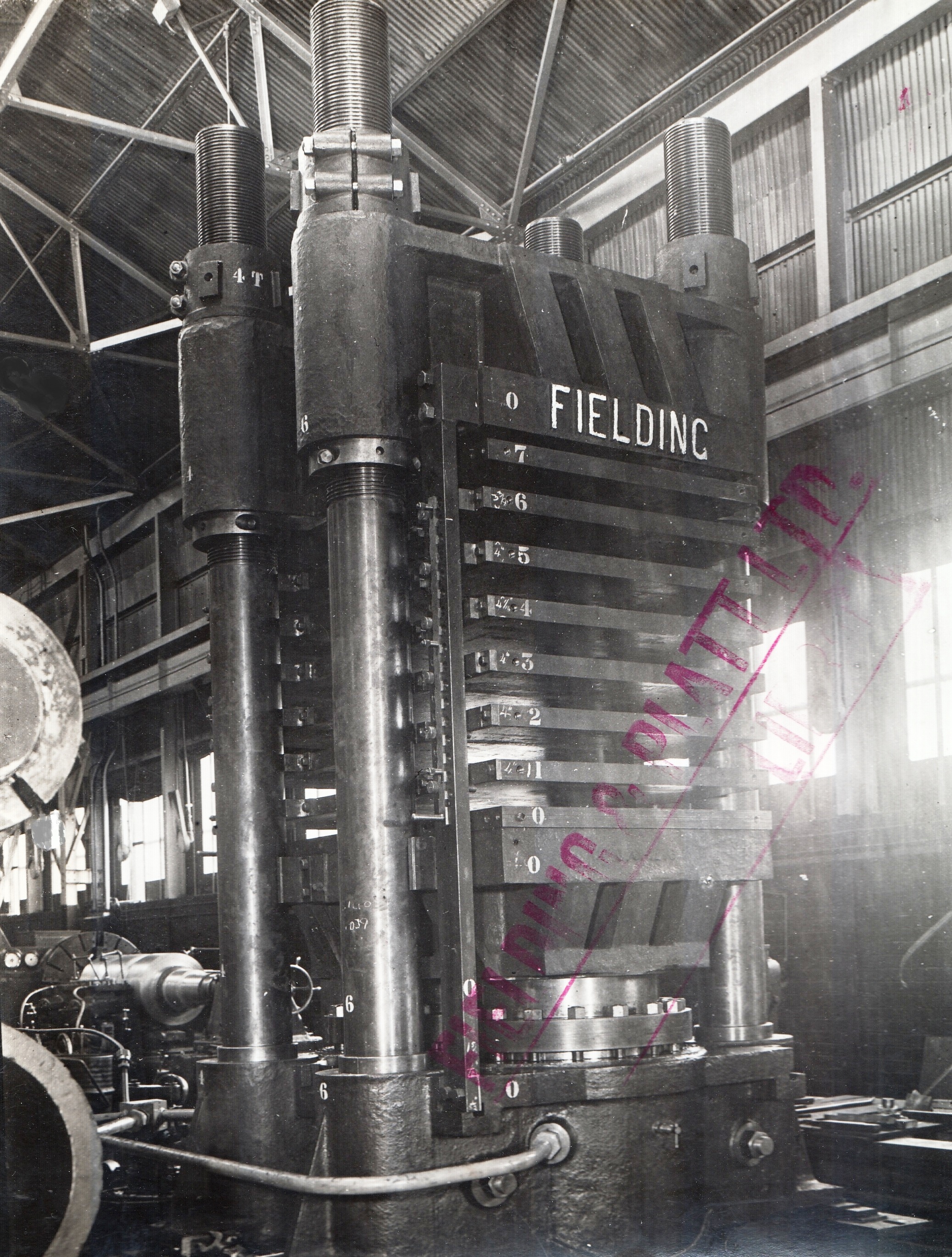 1800 ton MultiDaylight Vertical Hot Platen Press, view taken at