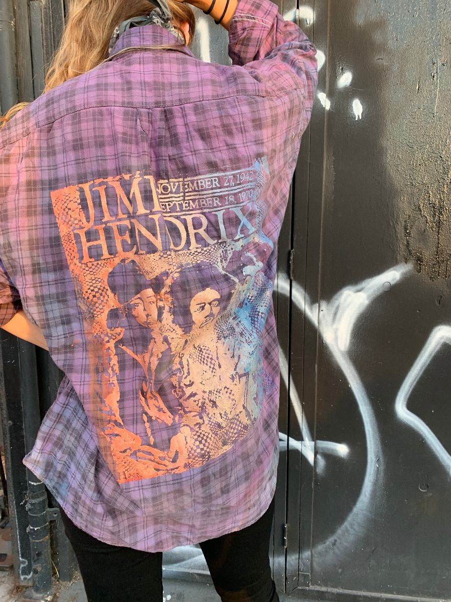 Flannel Fadedyed Jimi Hendrix Memorial Graphic On Back Boardwalk Vintage