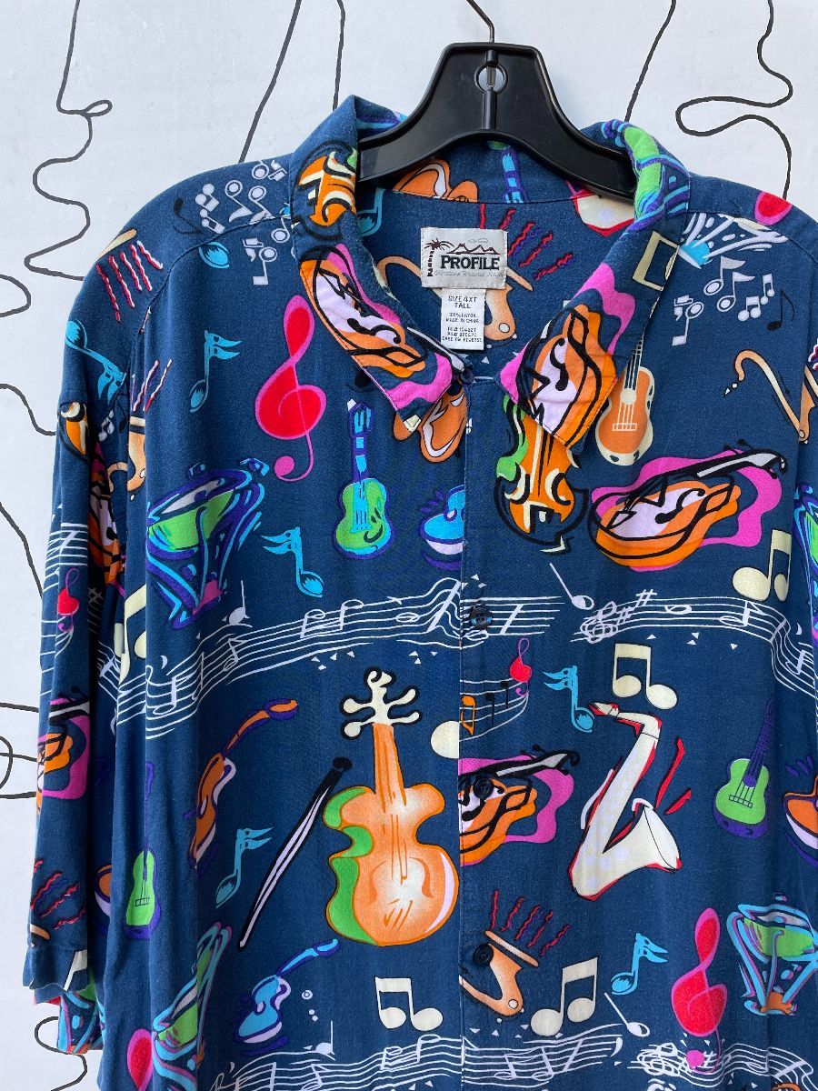 Allover Colorful Musical Instrument Print Button Up Shirt Boardwalk Vintage