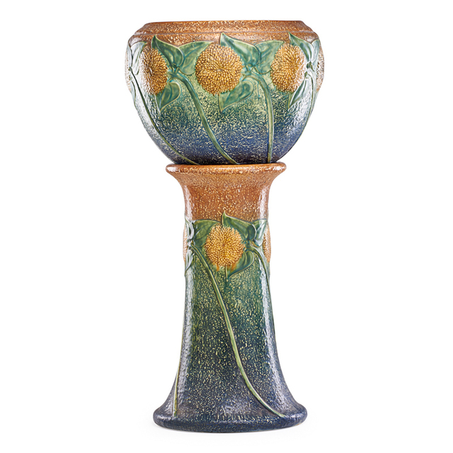 Roseville Pottery Sunflower 10" Jardiniere And Pedestal, Zanesville