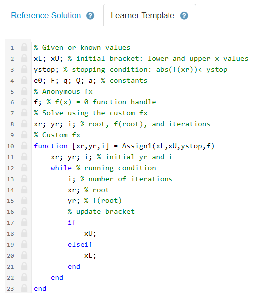 Example Bisection Method Problem in MATLAB Grader