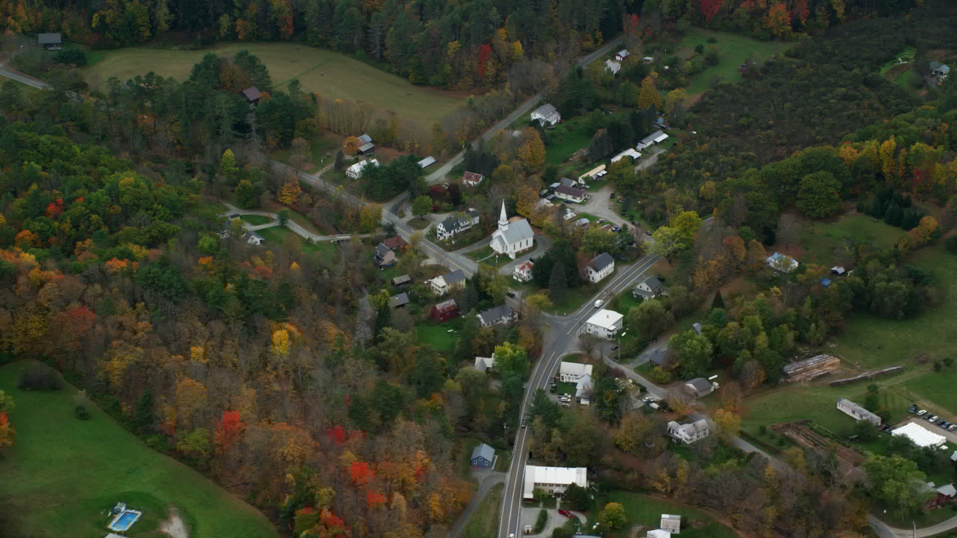 5.5K stock footage aerial video flying by church, Skunk Hollow Road