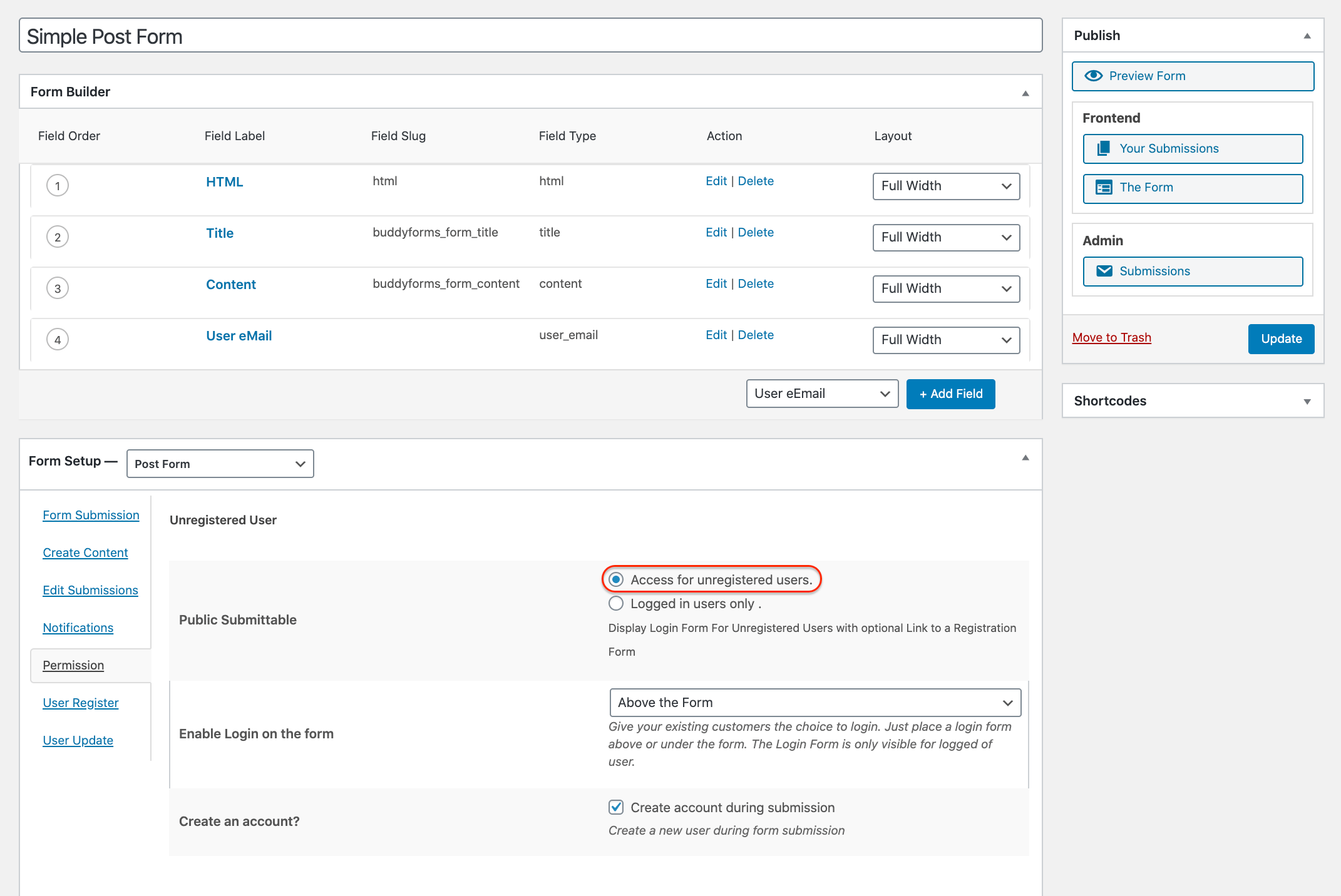 Create New User During Post Submission WordPress Form Builder