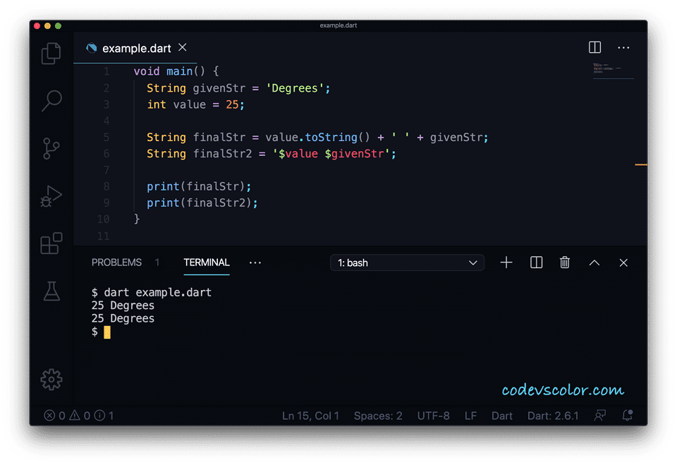 Dart program to concat string with integer CodeVsColor
