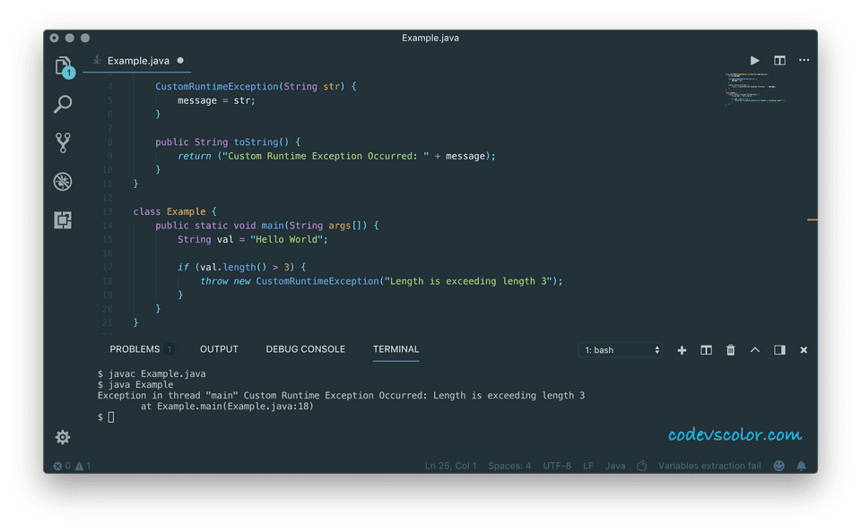 Java user defined or custom exception example CodeVsColor