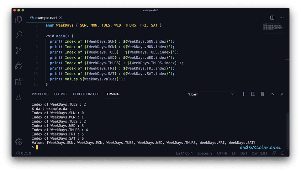 Enumeration in Dart explanation with example CodeVsColor