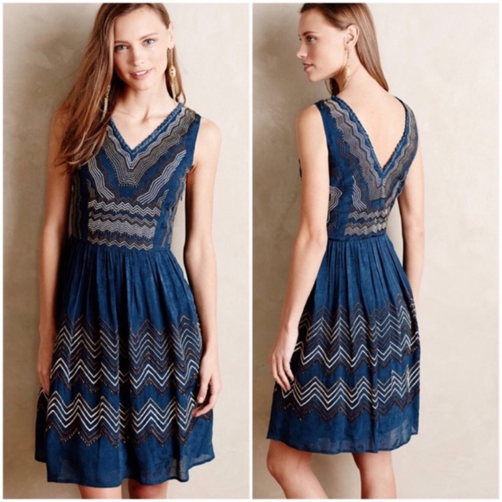 Women's Blue Anthro Meadow Rue Embroidered Beaded Chevron Dress sz 8