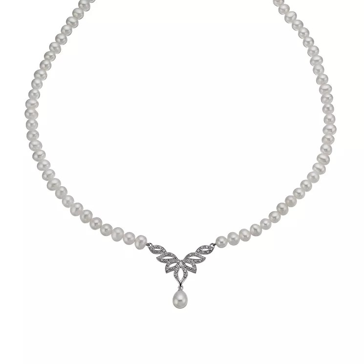 Sterling Silver Cultured Freshwater Pearl V Shape Necklace H.Samuel