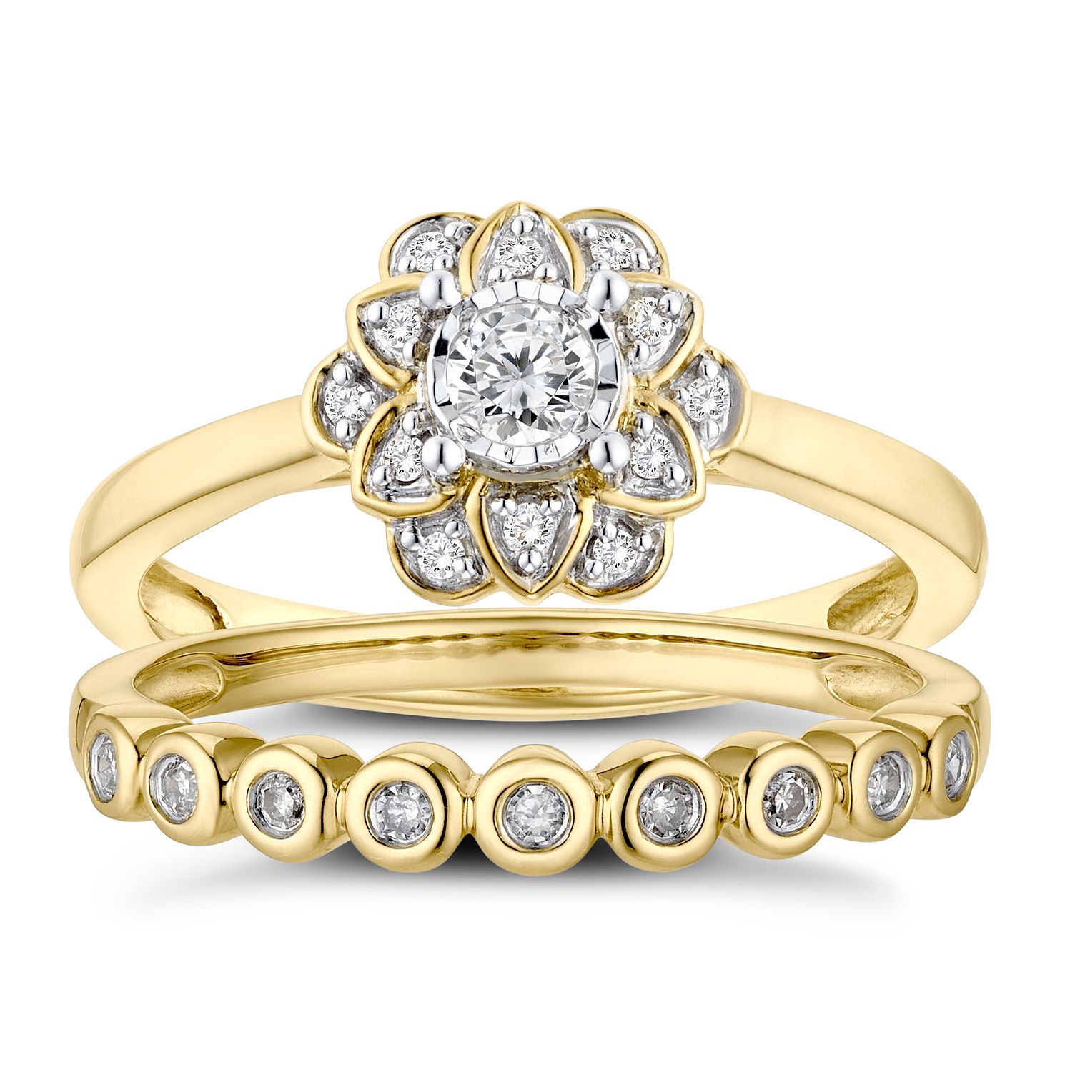 9ct Yellow Gold 1/5ct Diamond Floral Perfect Fit Bridal Set H.Samuel