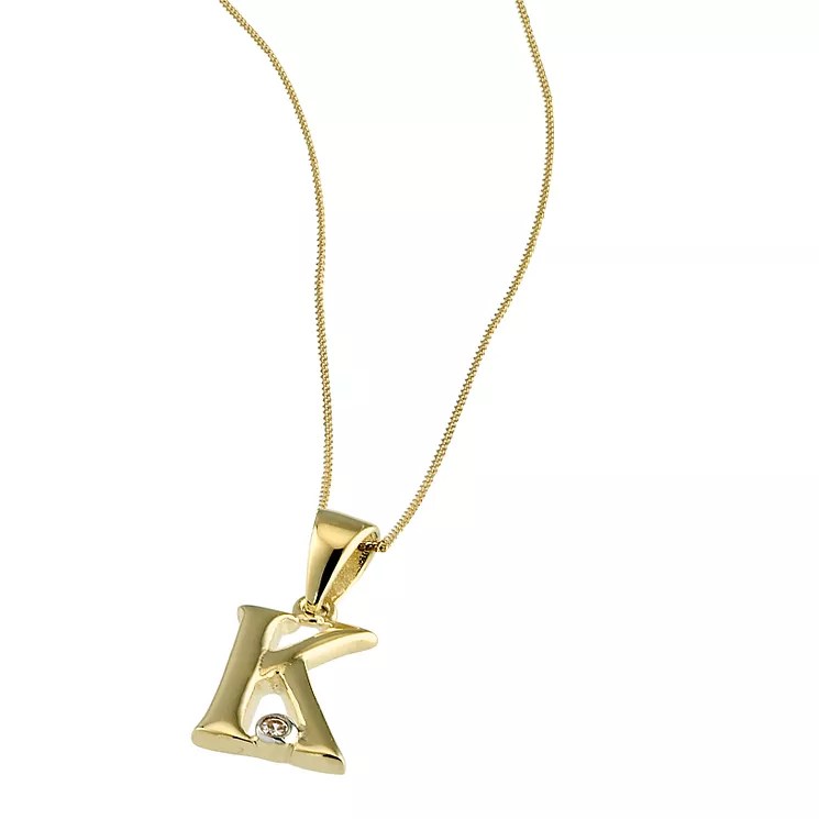 9ct Gold Cubic Zirconia Set Letter K Pendant with 16" Chain H.Samuel