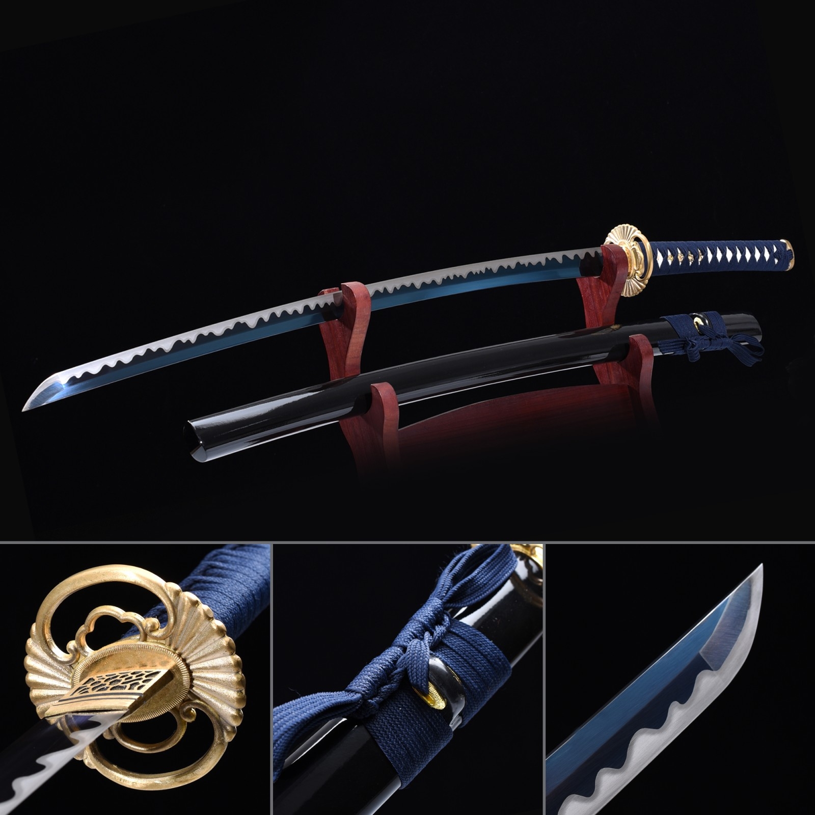 Handmade Blue Blade Full Tang Japanese Katana Samurai Swords With Black
