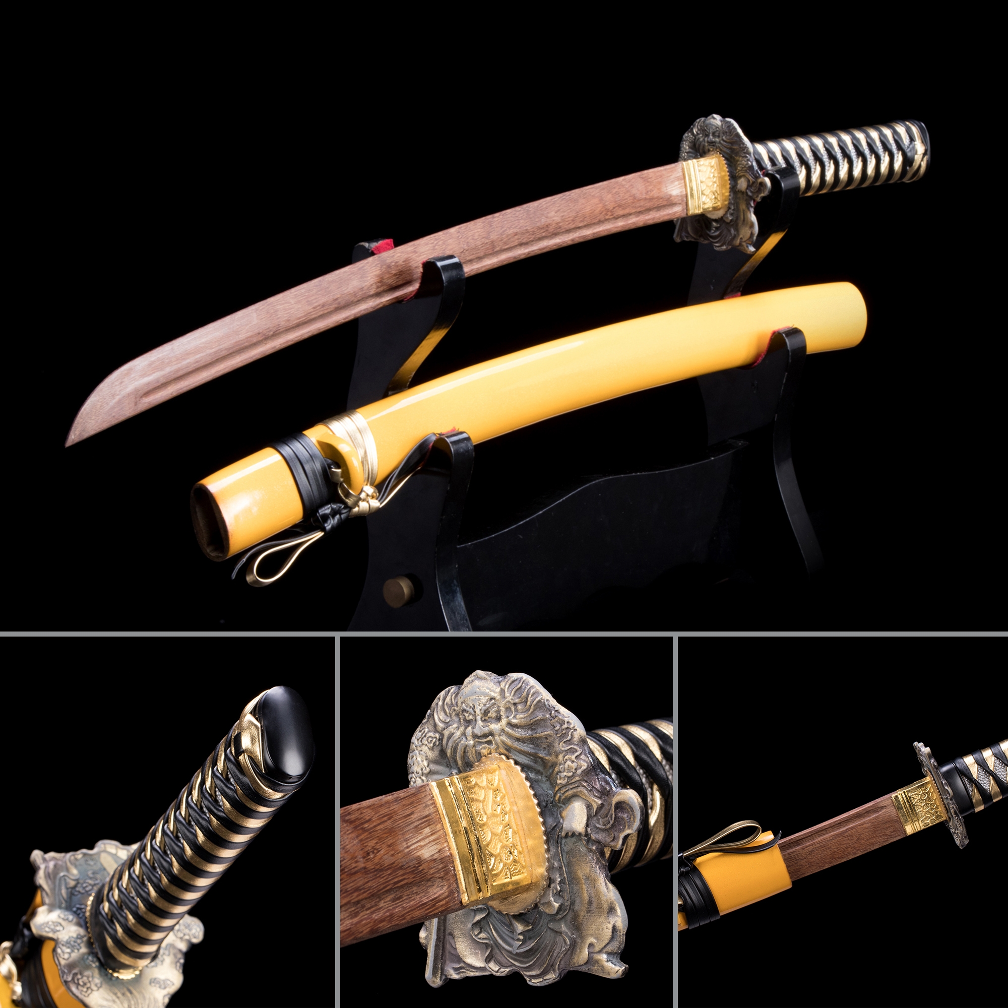 Handmade Wooden Bokken Practice Wakizashi Sword With Yellow Scabbard