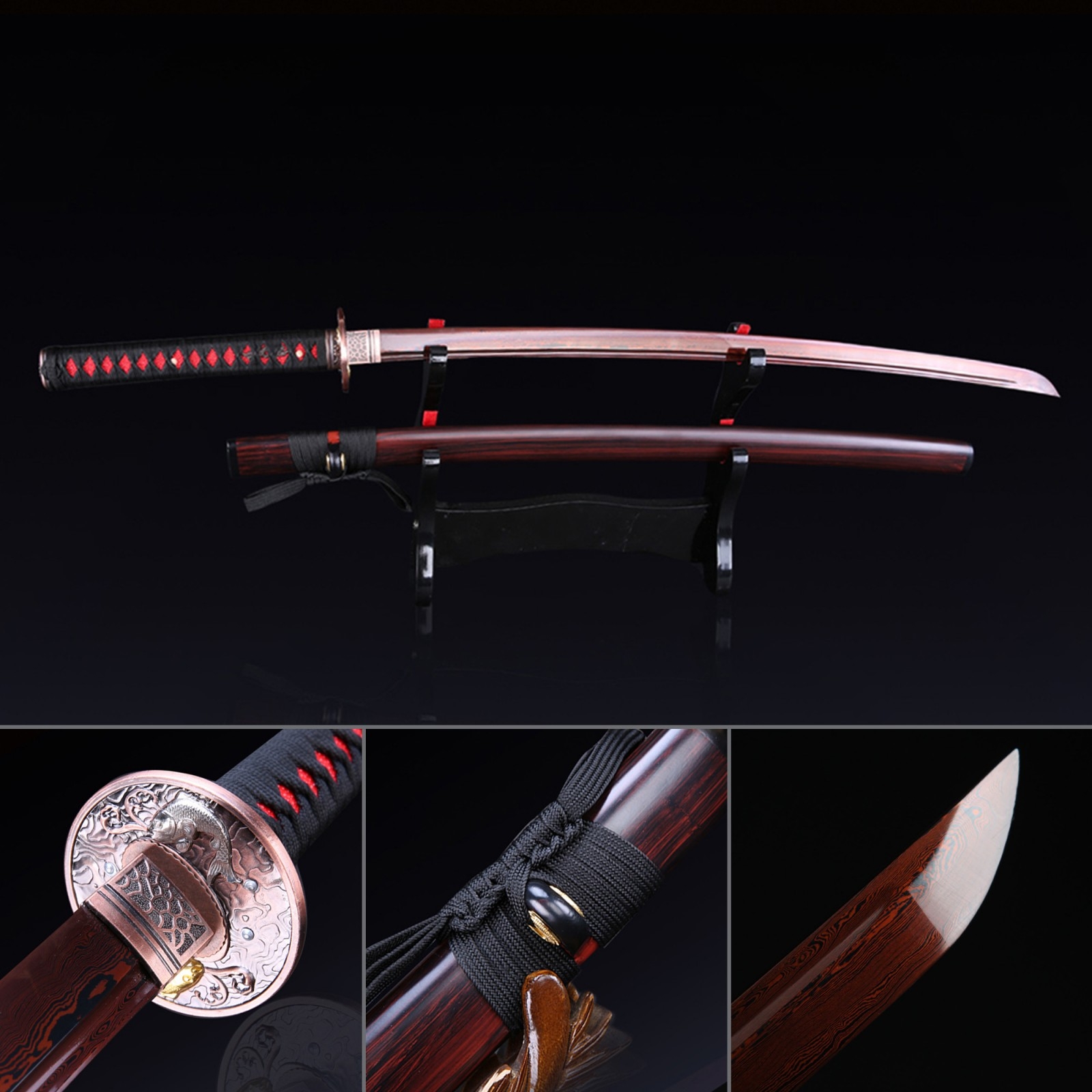 Handmade Damascus Steel Red Plated Real Katana Japanese Samurai Sword