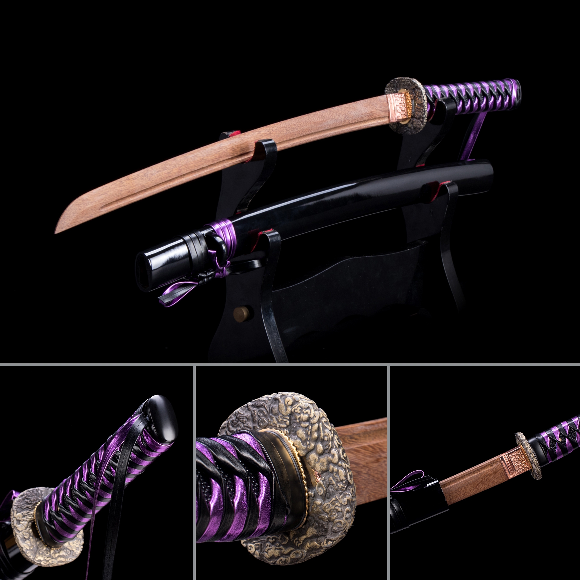 Handmade Wooden Bokken Practice Wakizashi Sword With Black Scabbard