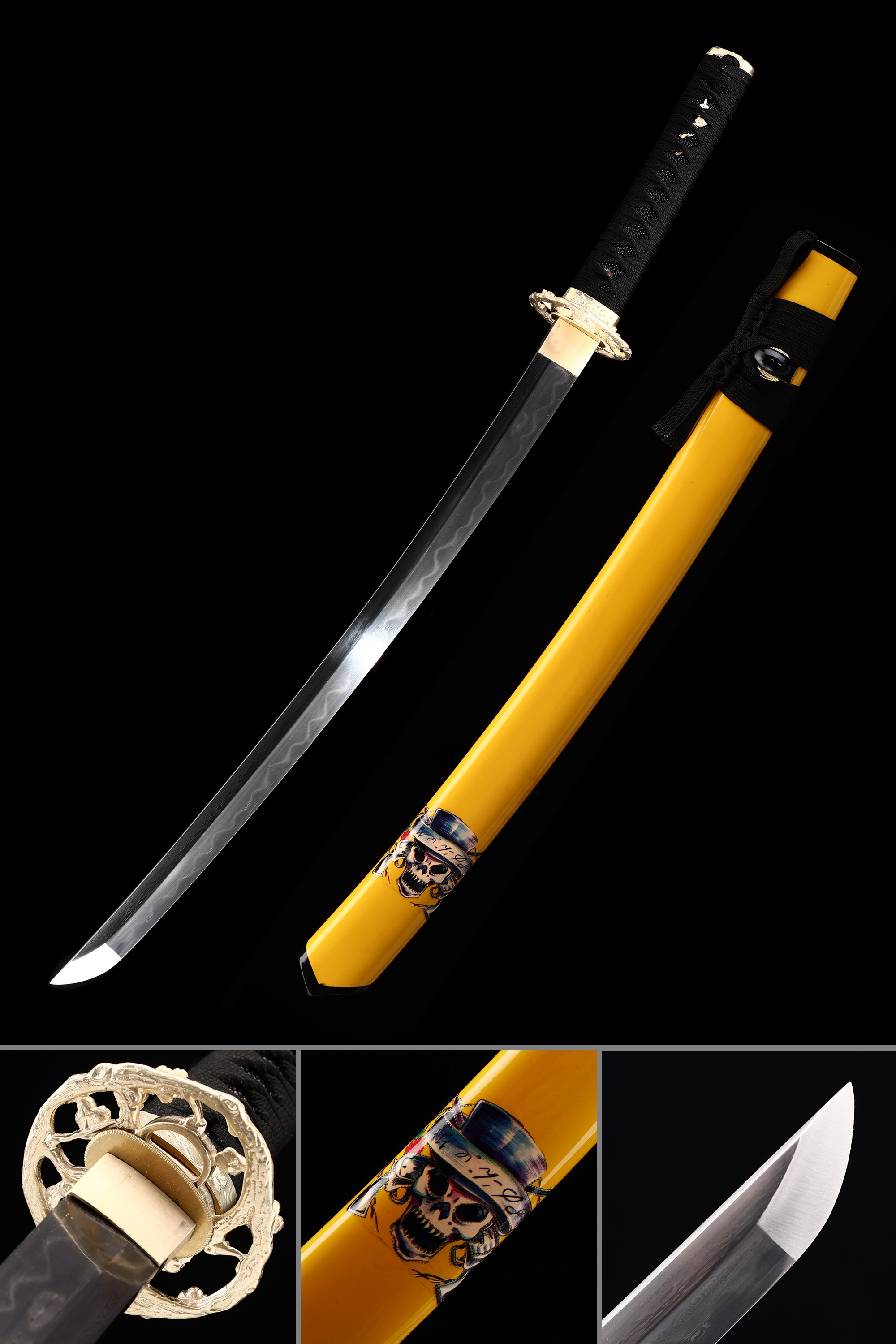 Yellow Wakizashi Short Katana, Handmade Wakizashi Sword Damascus