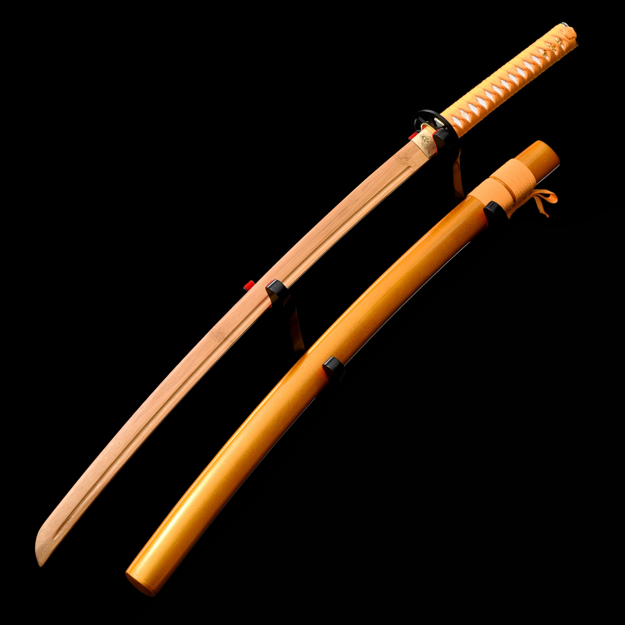 Handmade Natural Bamboo Wooden Blade Katana Sword With Orange Scabbard