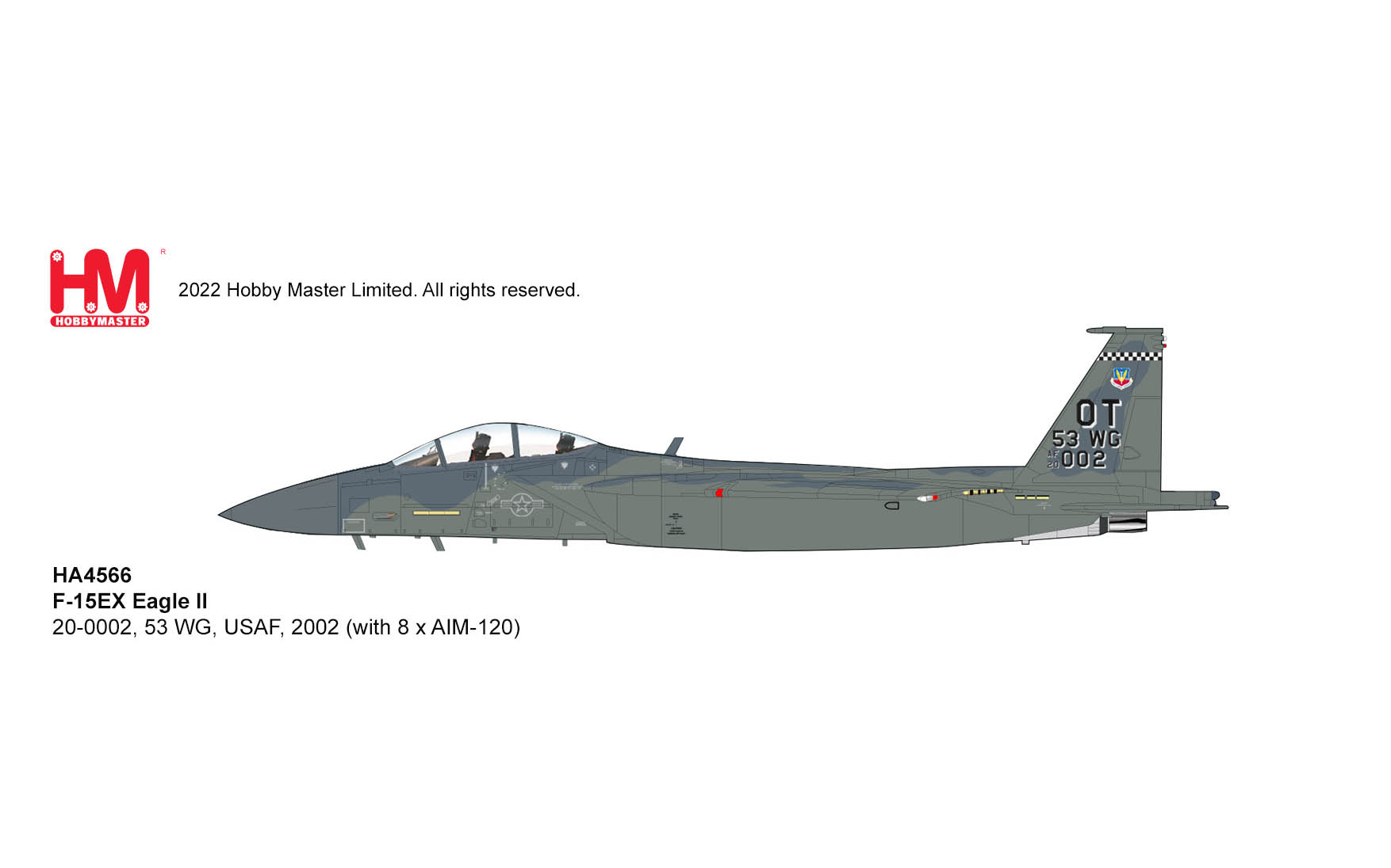 F15EX Eagle II 200002, 53 WG, Eglin AFB, USAF, 2002, with 8 x AIM120 Hobbymaster HA4566