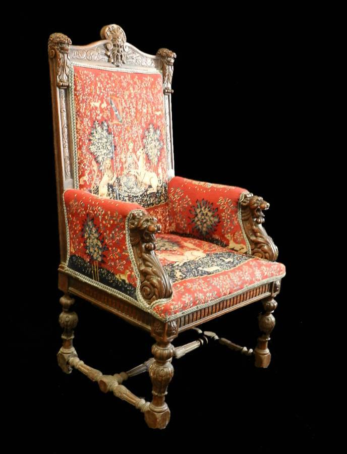 Antique c1840 Renaissance French Throne Chair Fauteuil Masters Armchair