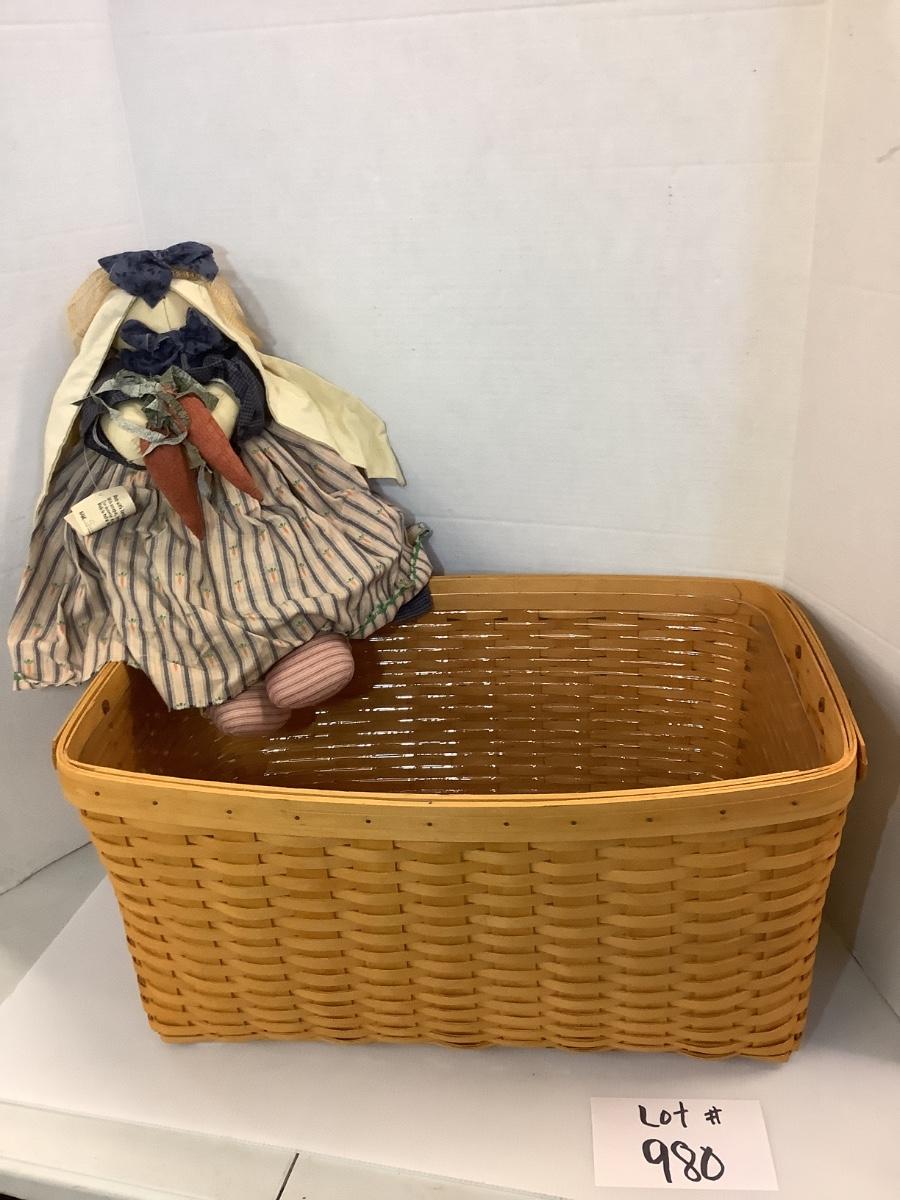 Lot. 980 Large Longaberger Wash Day Basket with Leather Side Handles & Plastic Liner / Vintage