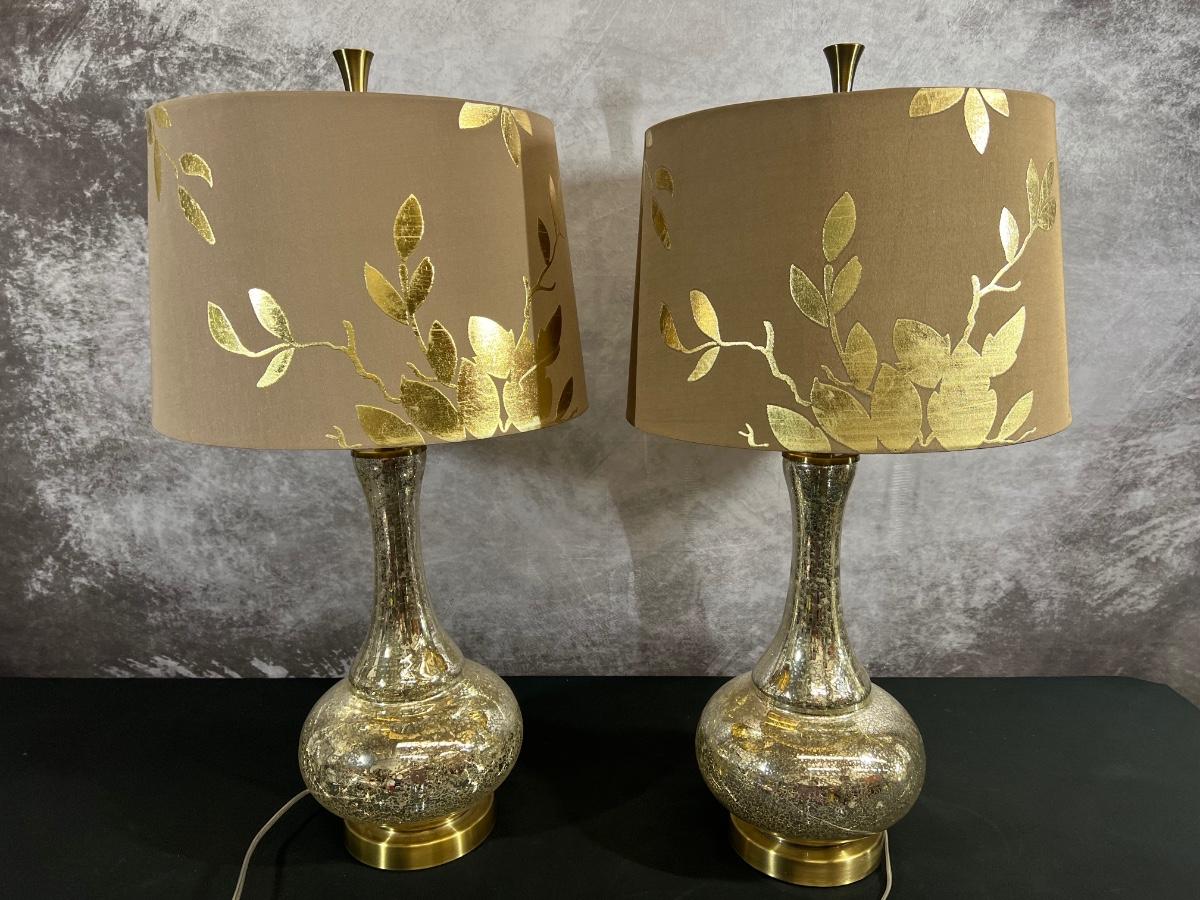 2 Mercury Glass Lamp Bases 32"H W/ 16" Shade