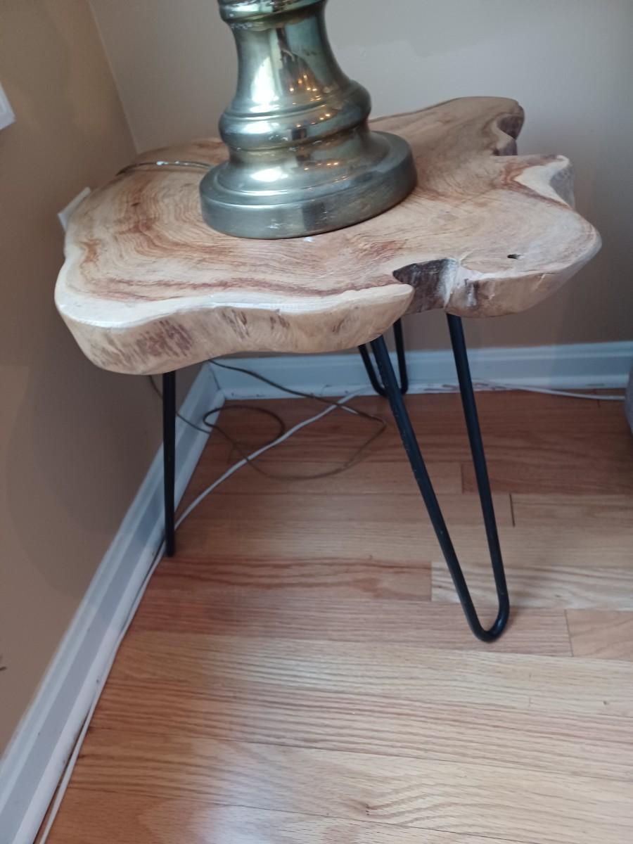 Teak Wood Round Accent Table with Black Metal Hairpin Legs