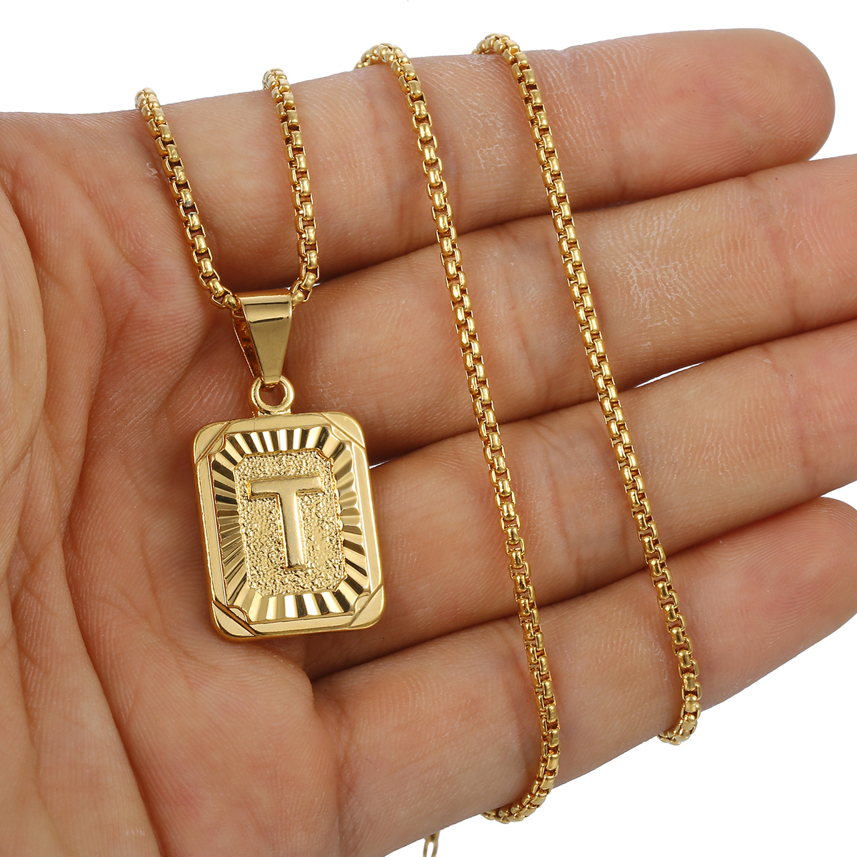 Mens Women Chain Pendant Necklace Gold Filled Square Initial Letter AZ